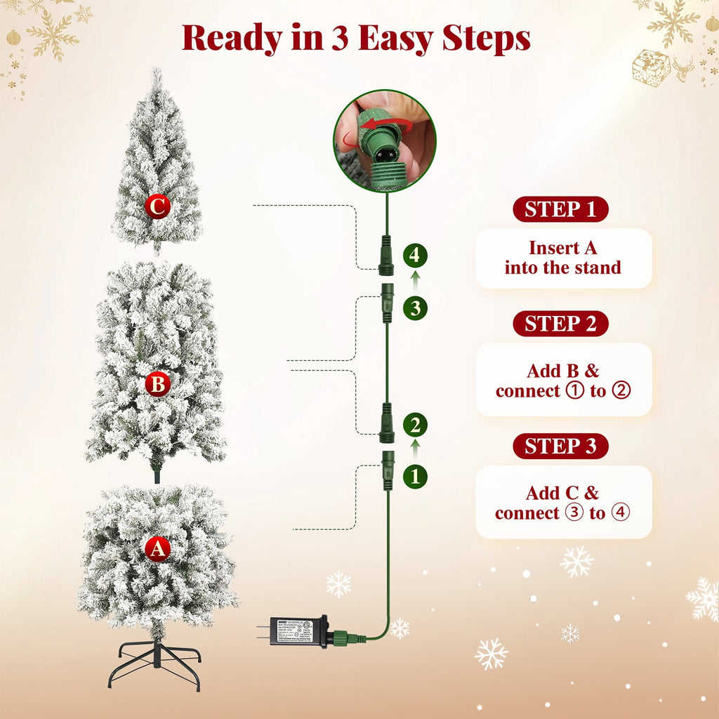 Goosiay 7ft Snow Flocked Pencil Christmas Tree, Pre-Lit Artificial Christmas Tree with 640 Tips,300 Warm White & Multicolor Lights, 10 Modes, Slim Xmas Tree with Stand