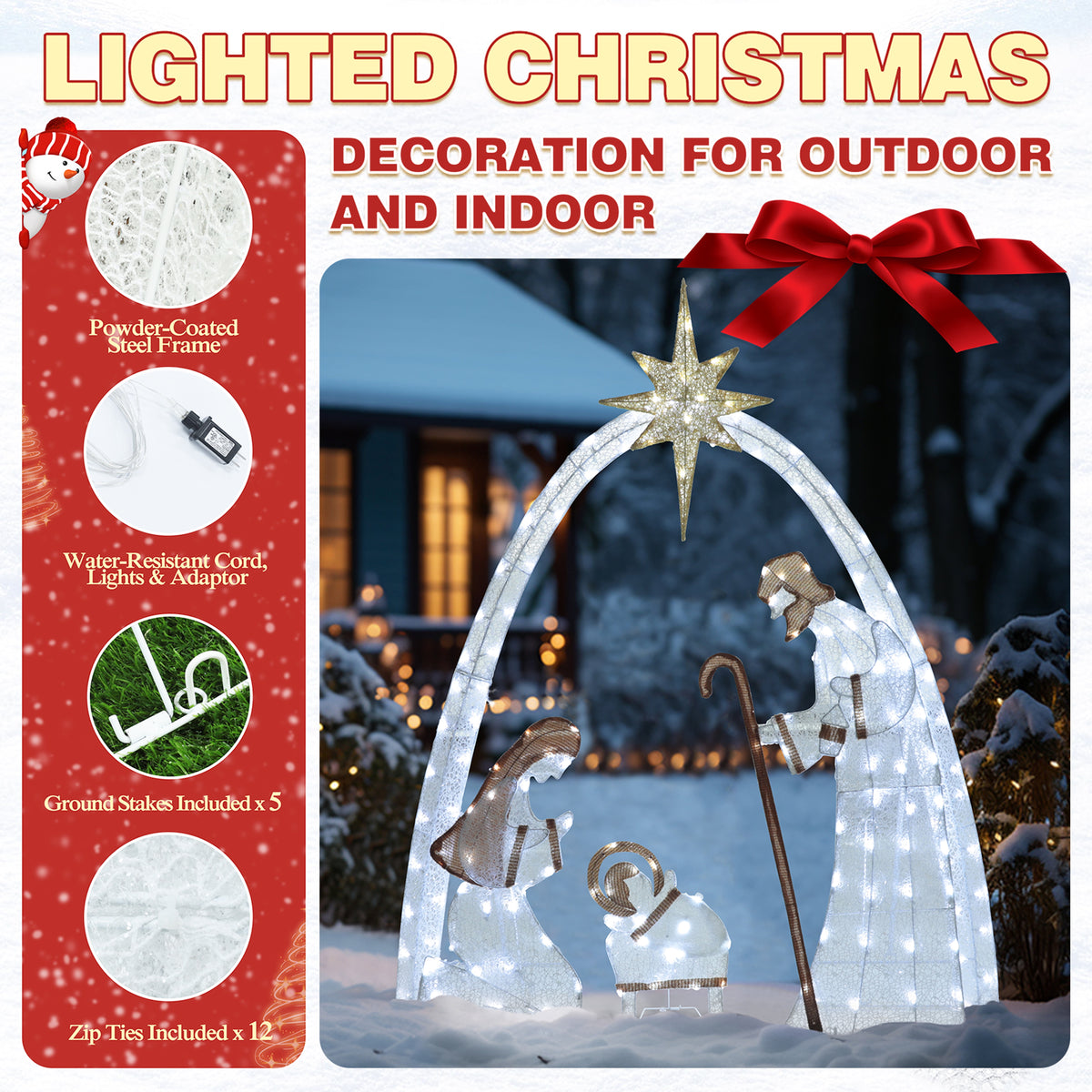 VEIKOUS 5ft Lighted Nativity Scene Christmas Decor Outdoor w/ 150 LED Lights, Holy Family Holiday Yard Decor Set ,White