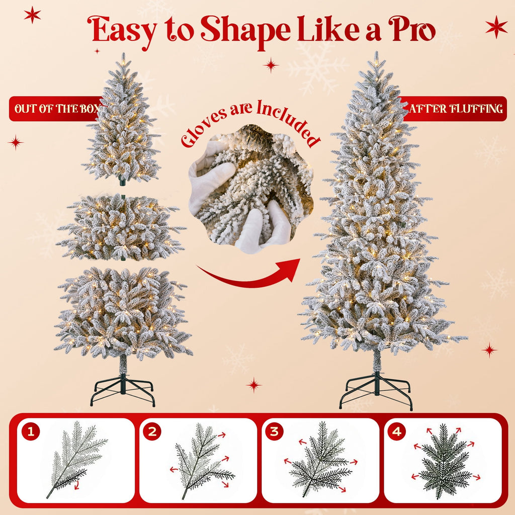 Goosiay 7FT Pre-Lit Flocked Fir Christmas Tree, 1060 PE & PVC Tips, 300 Warm White LED Lights, Snowy Hinged Artificial Christmas Tree for Living Room & Holiday Decor