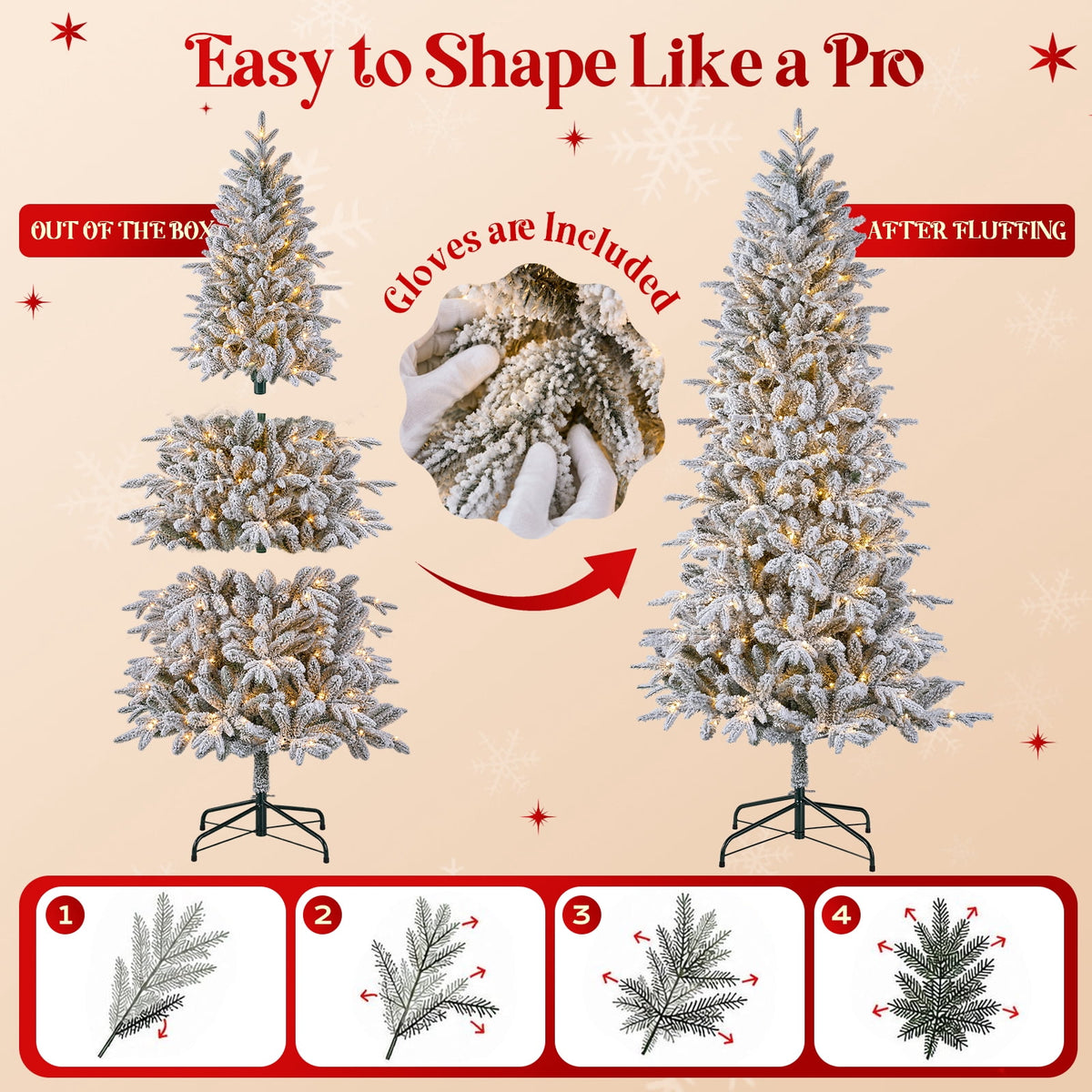 Goosiay 7FT Pre-Lit Flocked Fir Christmas Tree, 1060 PE & PVC Tips, 300 Warm White LED Lights, Snowy Hinged Artificial Christmas Tree for Living Room & Holiday Decor