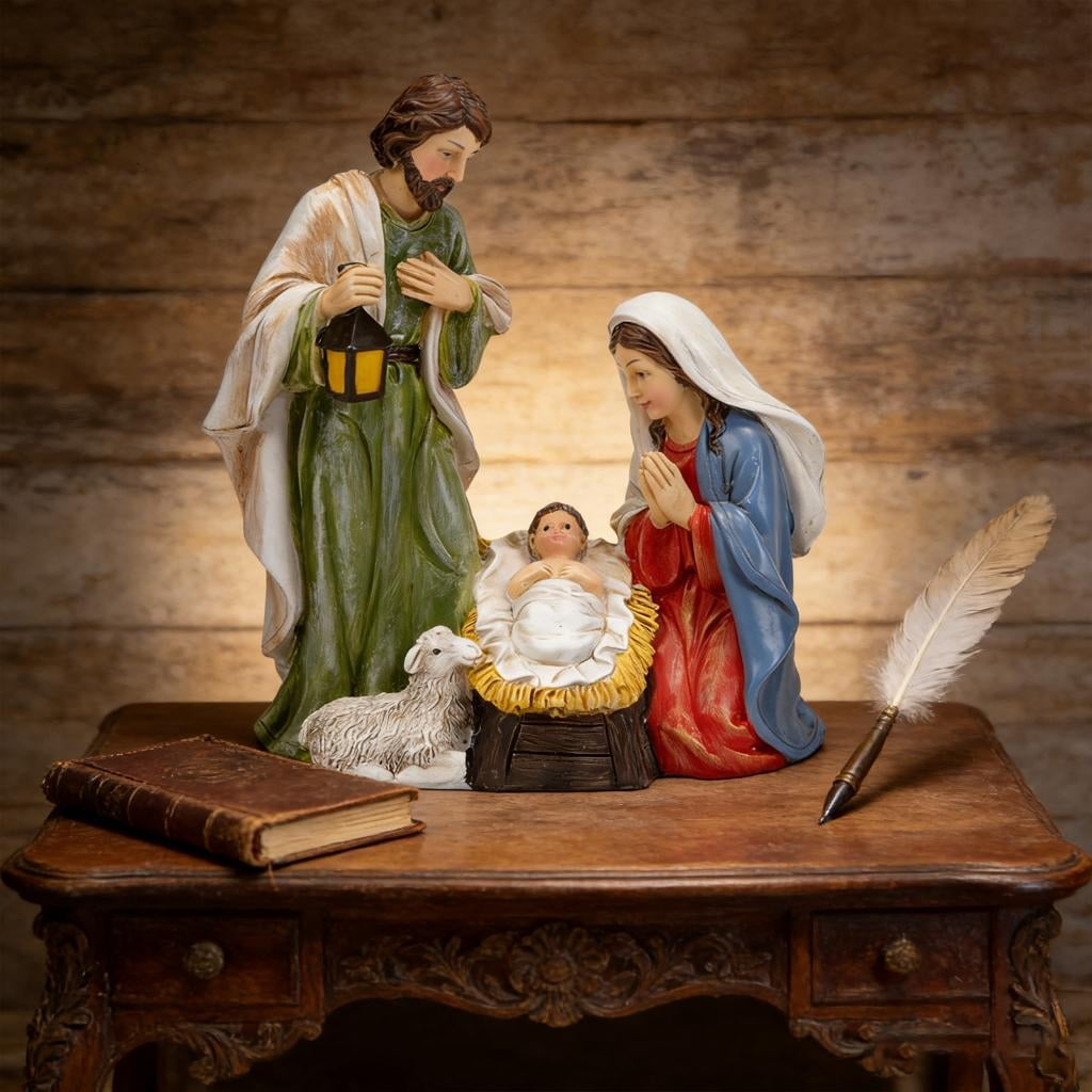Osdhezcn Friendly Resin Nativity Set LED Light Holy Family Three Persons Christmas Decoration for Indoor Festival Ambiances
