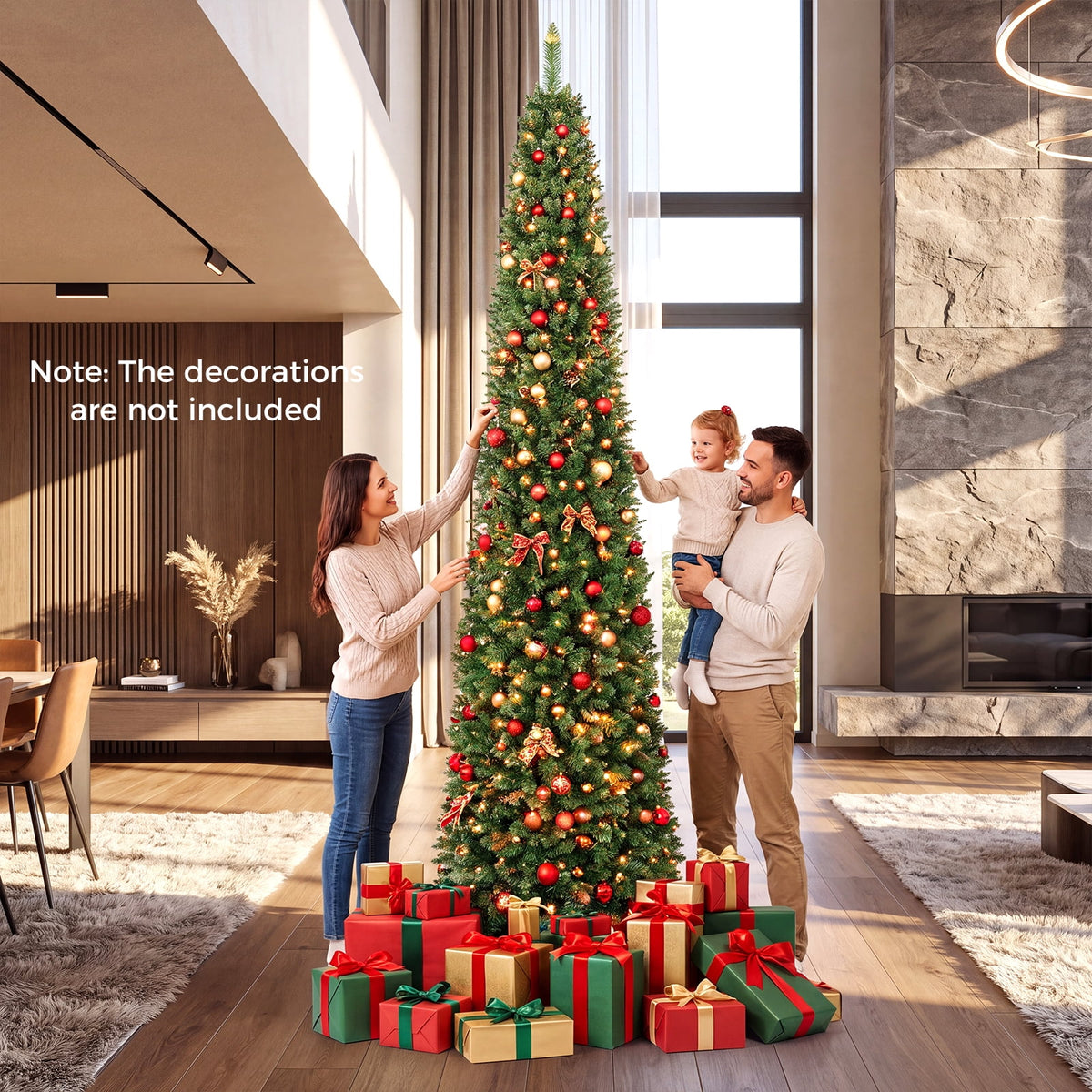 Gymax 9 FT Pre-Lit Artificial Christmas Tree Realistic Slim Pencil Xmas Tree
