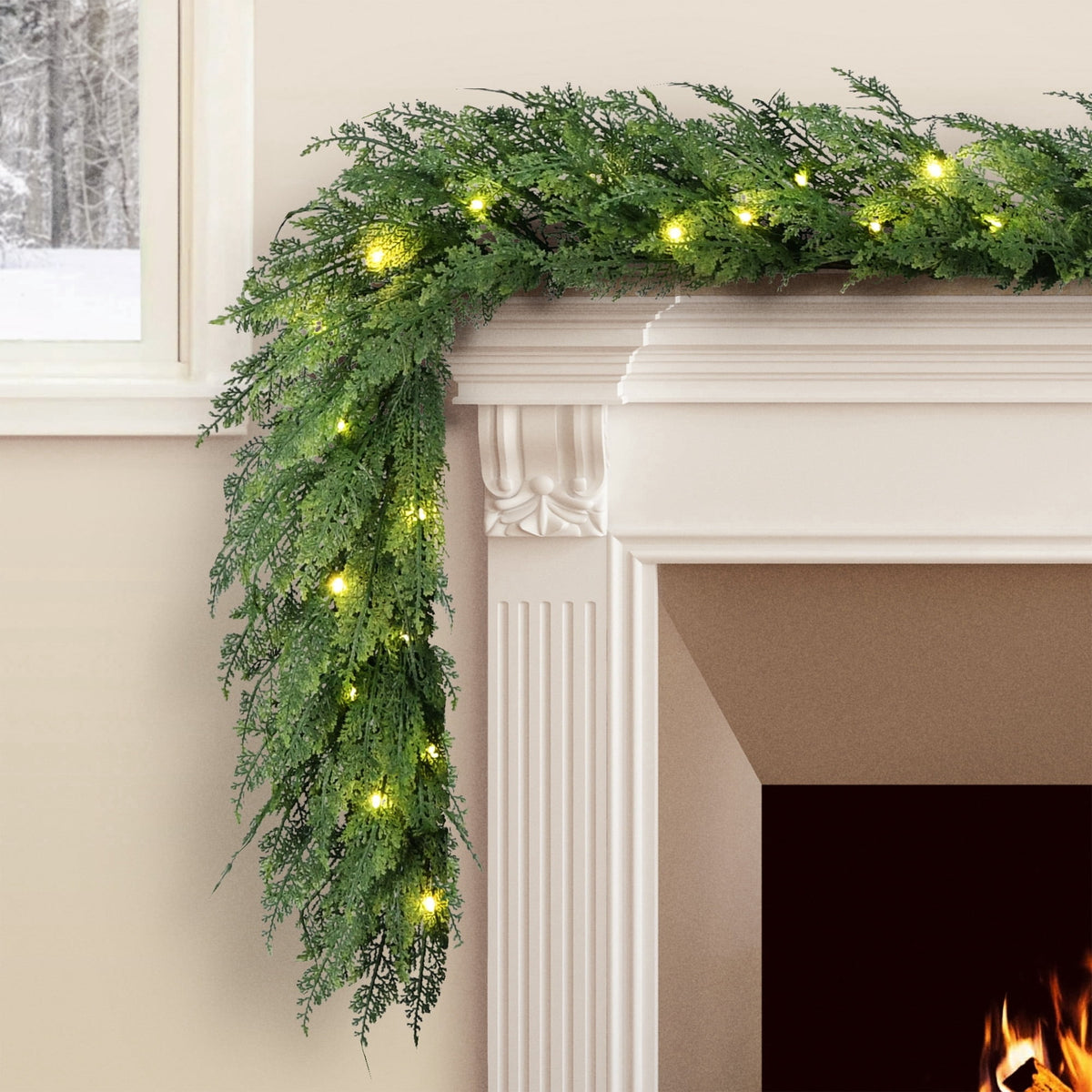 My Texas House Cypress Pre-Lit Warm White LED Artificial Christmas Garland, Green, 9'