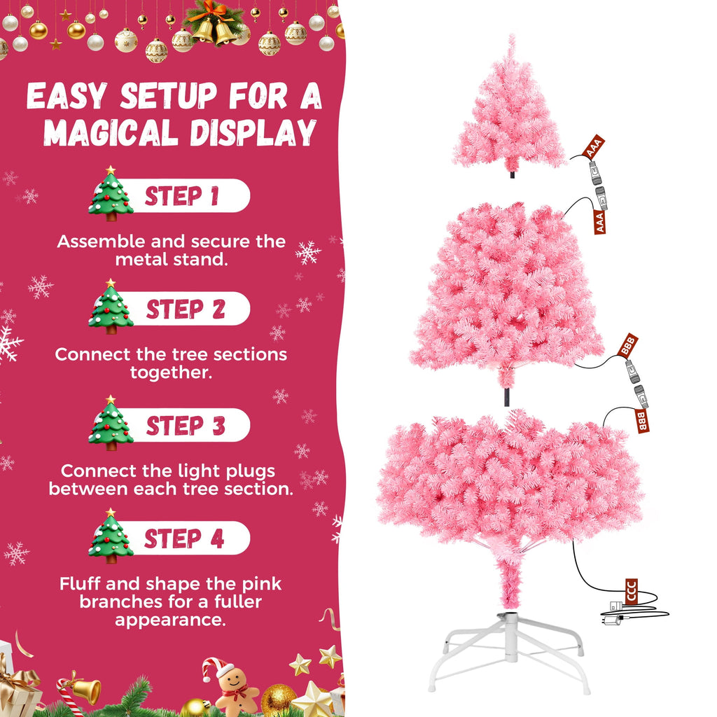 Yexmas 6ft Pre-Lit Pink Christmas Tree,Artificial Christmas Tree with 1000 PVC Branches,300 Multicolor Lights,Metal Hinges,Xmas Tree for Home,Holiday Party Decorations