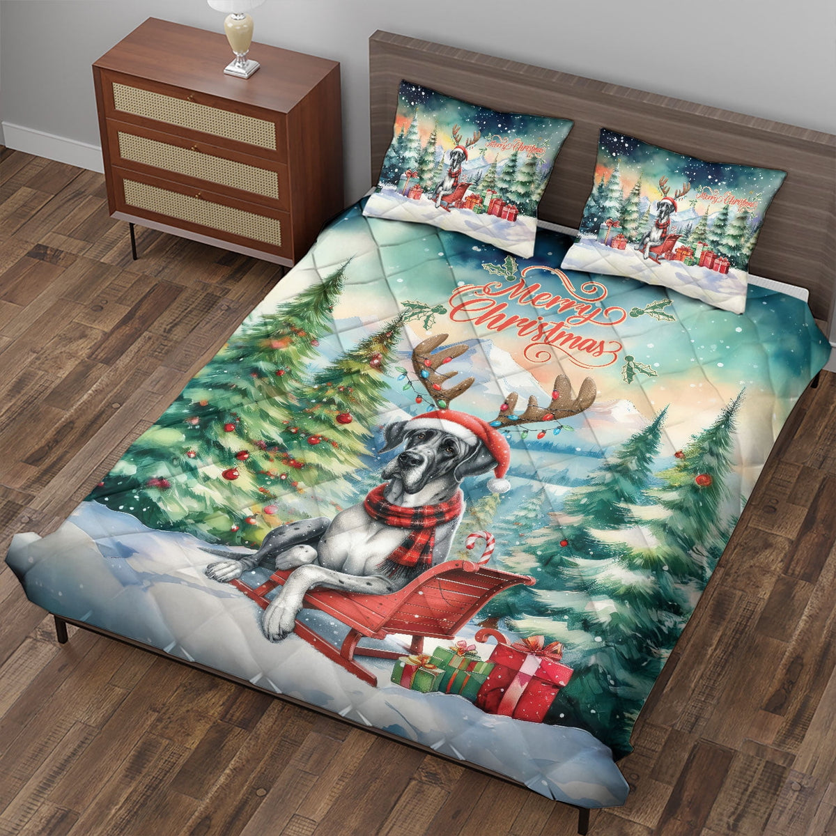 Merry Christmas Santa Reindeer Antlers French Bulldog Sleigh Xmas Winter Holiday Quilt Bedding Set Dog Lover Gifts 1 Blanket Bed Cover 2 Pillowcases - 00023