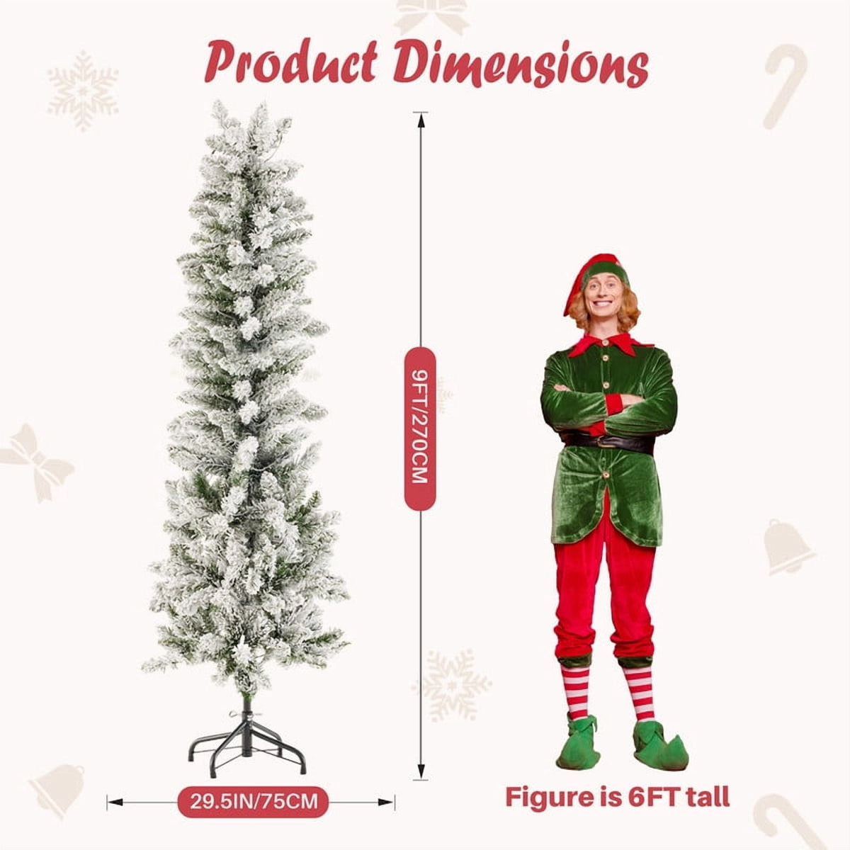 Gianna 4.5ft Pre-lit Pencil Christmas Tree, Green Artificial Spruce Slim Christmas Trees with 120 Incandescent Lights, 268 Branch Tips & Foldable Base for Home, Office, Party Decoration