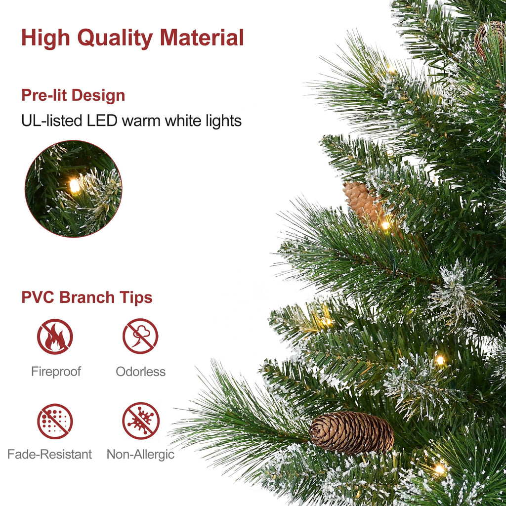 Bringstar 2FT Pre-Lit Artificial Mini Christmas Tree, Snow Tipped Tabletop Xmas Tree with 35 LED Lights, Pine Cones & Burlap Base