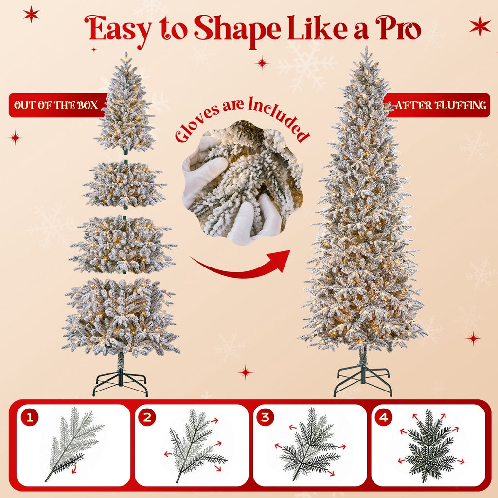 Goosiay 7FT Pre-Lit Flocked Fir Christmas Tree, 1060 PE & PVC Tips, 300 Warm White LED Lights, Snowy Hinged Artificial Christmas Tree for Living Room & Holiday Decor