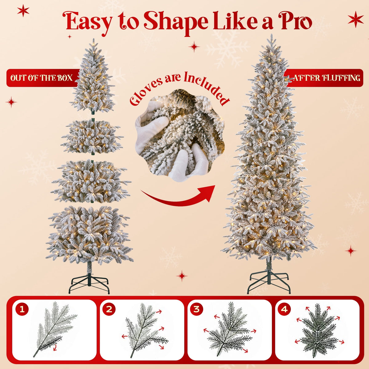 Goosiay 7FT Pre-Lit Flocked Fir Christmas Tree, 1060 PE & PVC Tips, 300 Warm White LED Lights, Snowy Hinged Artificial Christmas Tree for Living Room & Holiday Decor