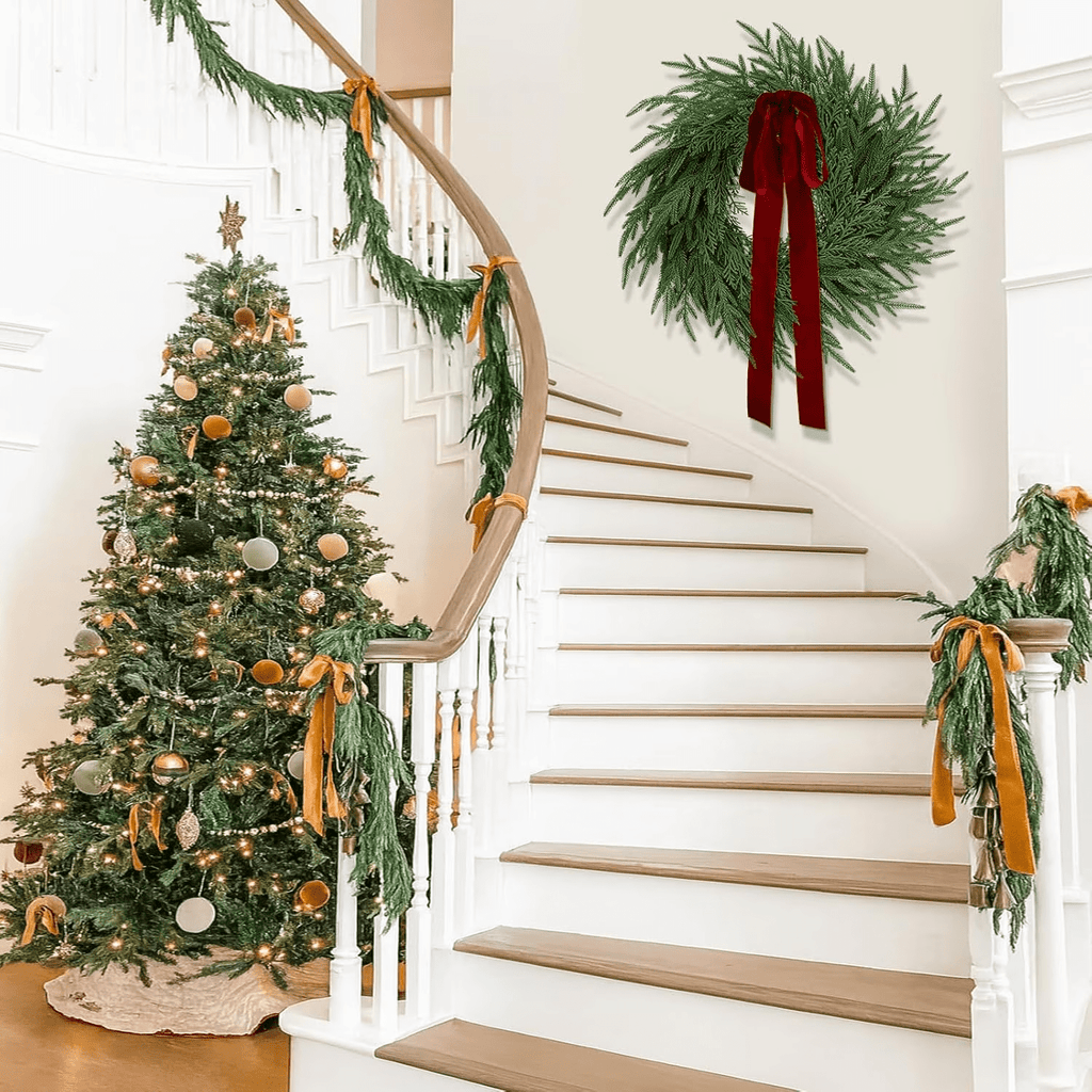 2 Pack Artificial Christmas Wreaths for Front Door, 24" Norfolk Pine & Cedar Greenery Wreath with Red Bows, Real Touch Holiday Wreaths for Indoor Outdoor Christmas Decorations, Seasonal Decor