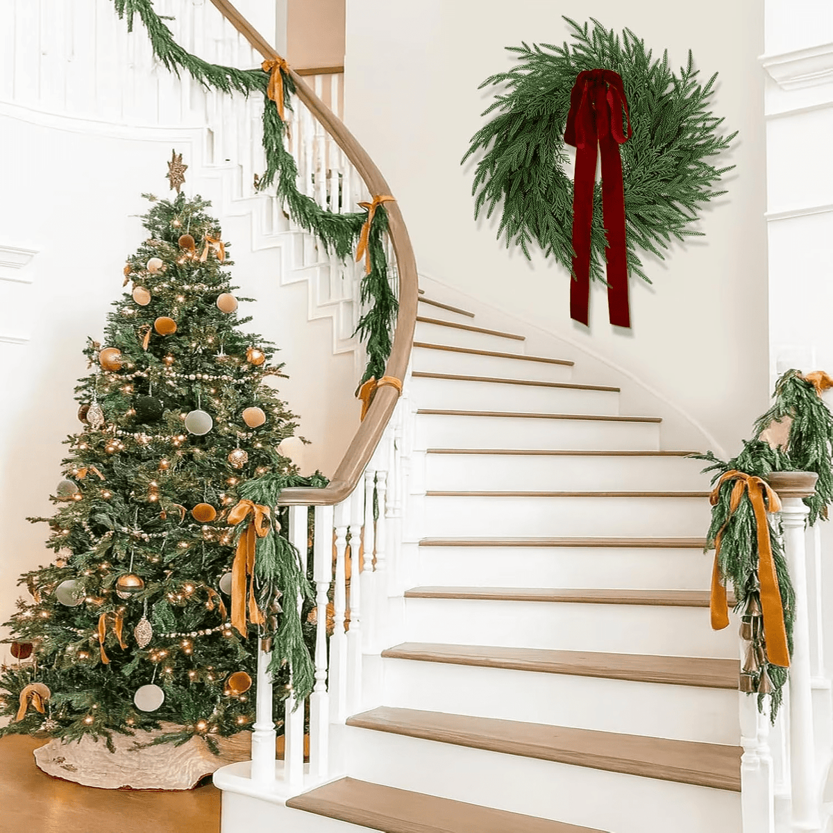 2 Pack Artificial Christmas Wreaths for Front Door, 24" Norfolk Pine & Cedar Greenery Wreath with Red Bows, Real Touch Holiday Wreaths for Indoor Outdoor Christmas Decorations, Seasonal Decor