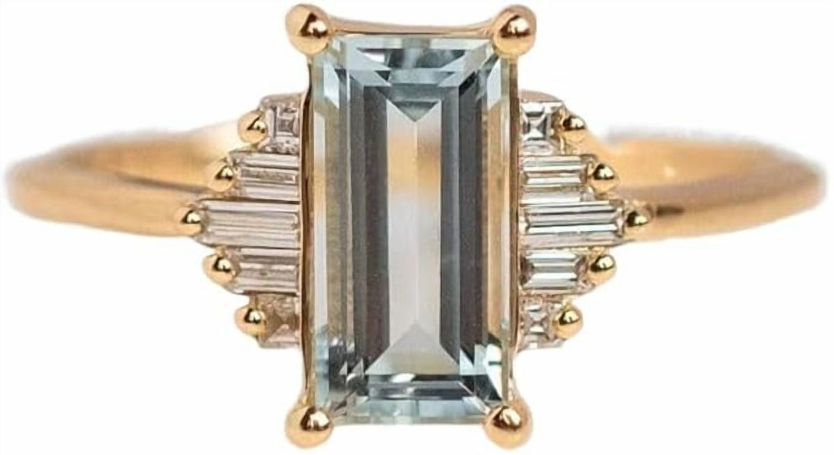 Baguette CZ Ring, Natural Aquamarine Cocktail Ring, Aquamarine Gemstone Ring, March Birthstone, Womens Ring, Wedding Ring, Gift For Her, Christmas Ring, Solitaire, Yellow Gold Micron Ring