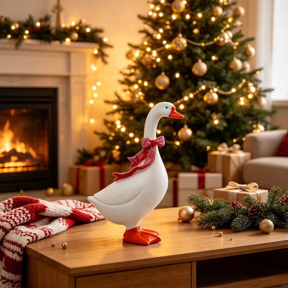 CHJK Hand-Painted Large Porch Goose Statue, Eye-catching Christmas Resin Goosey Ornaments Figurine, Compact Tabletop Ideal For Holiday Parties And Family Decor Must Have Christmas Gift