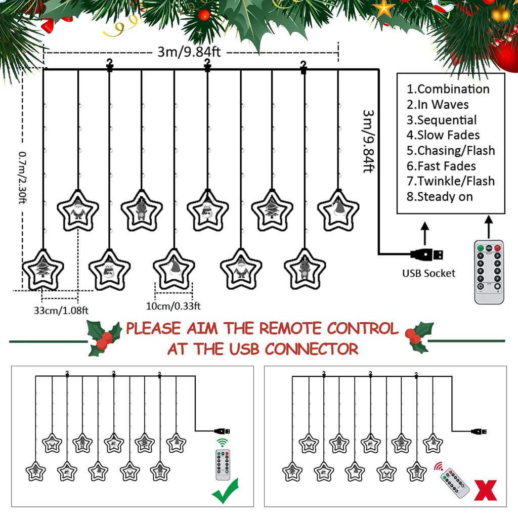 WILLED Christmas String Lights, 120 LED Window Curtain Lights with Christmas Ornaments, 9.8ft USB Powered Warm White Waterproof Fairy Lights Indoor Outdoor for Xmas Tree Patio Garden Party Home Decor