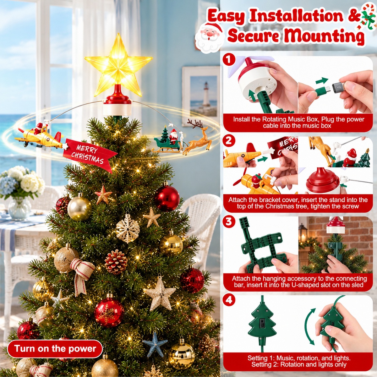Animated Christmas Tree Topper with Lighted Star, Rotating Santa Sleigh, Airplane, Music, and Screw-Clamp Mount