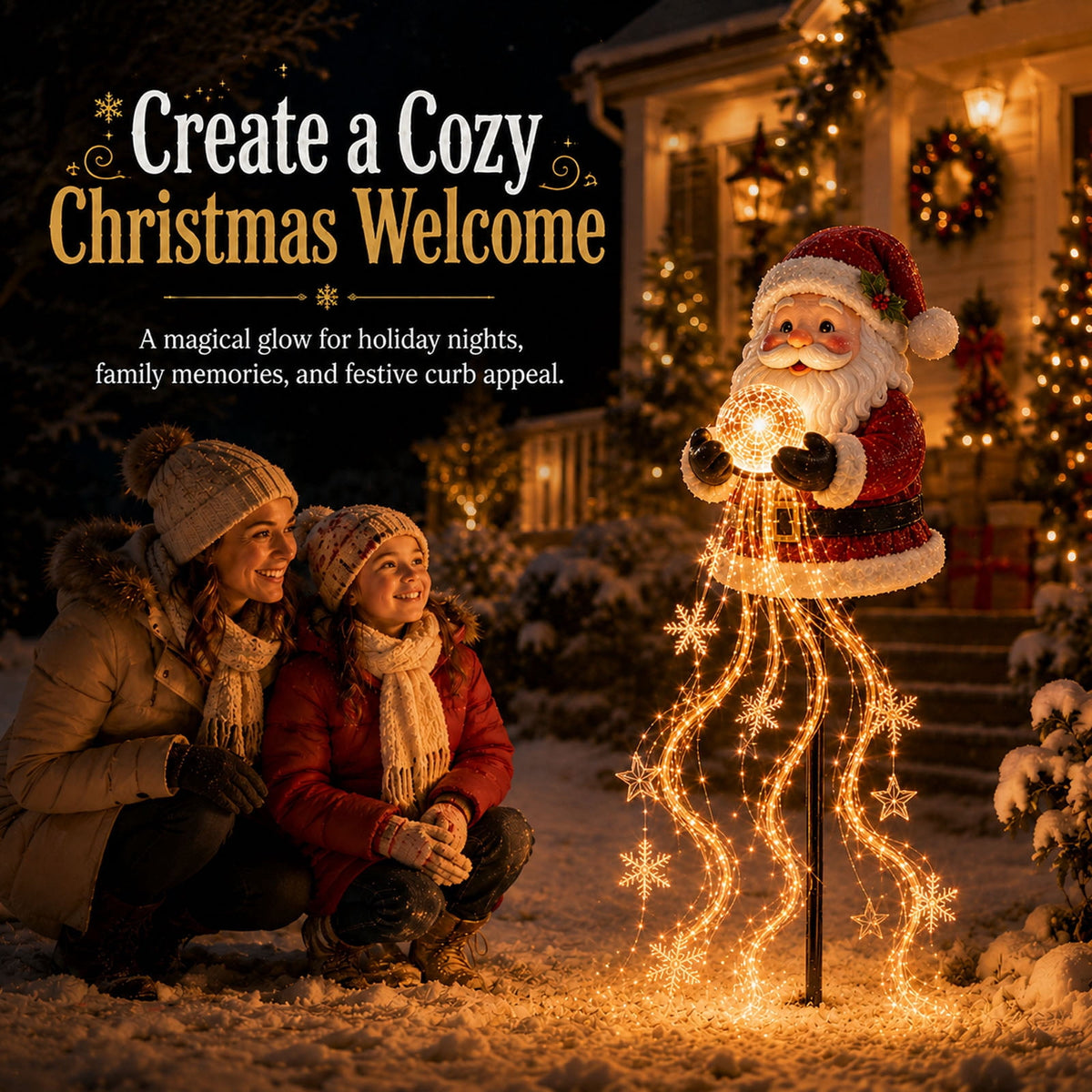 Clearance Christmas Solar Santa Magic Fountain Light - 32" Flowing Snowflake LED Garden Stake Light, Christmas Decorations Outdoor for Yard Porch