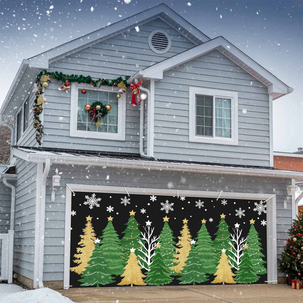 Fsddascl 7 x 16 Ft Christmas Garage Door Cover, Black Christmas Tree Large Garage Door Banner, Xmas Snowflake Green Golden Hanging Garage Mural Background for Indoor Outdoor Xmas Party Supplies