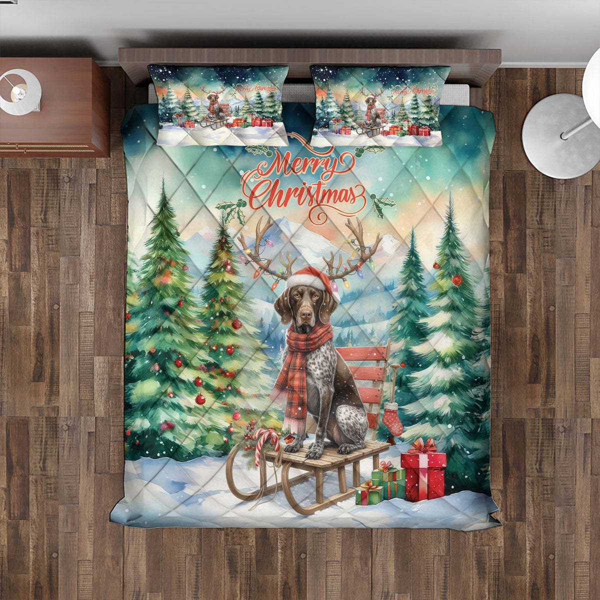 Merry Christmas Santa Reindeer Antlers French Bulldog Sleigh Xmas Winter Holiday Quilt Bedding Set Dog Lover Gifts 1 Blanket Bed Cover 2 Pillowcases - 00023