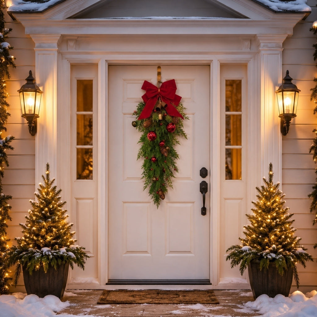 THOPBPRK Artificial Cedar Half Wreath for Front Door Christmas Decorations DIY Holiday with Bow Winter Hanging Ornament for Wall Window Home Decor, 23.6" A