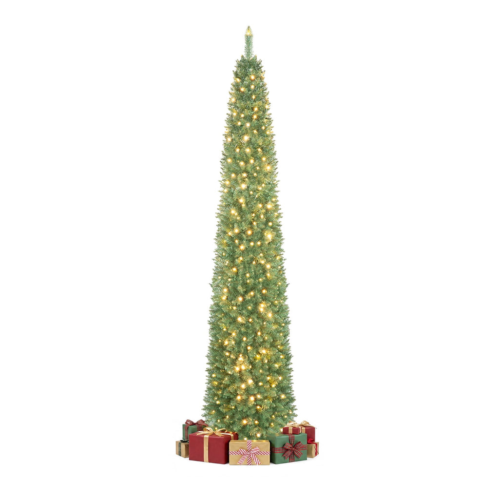 Gymax 9 FT Pre-Lit Artificial Christmas Tree Realistic Slim Pencil Xmas Tree