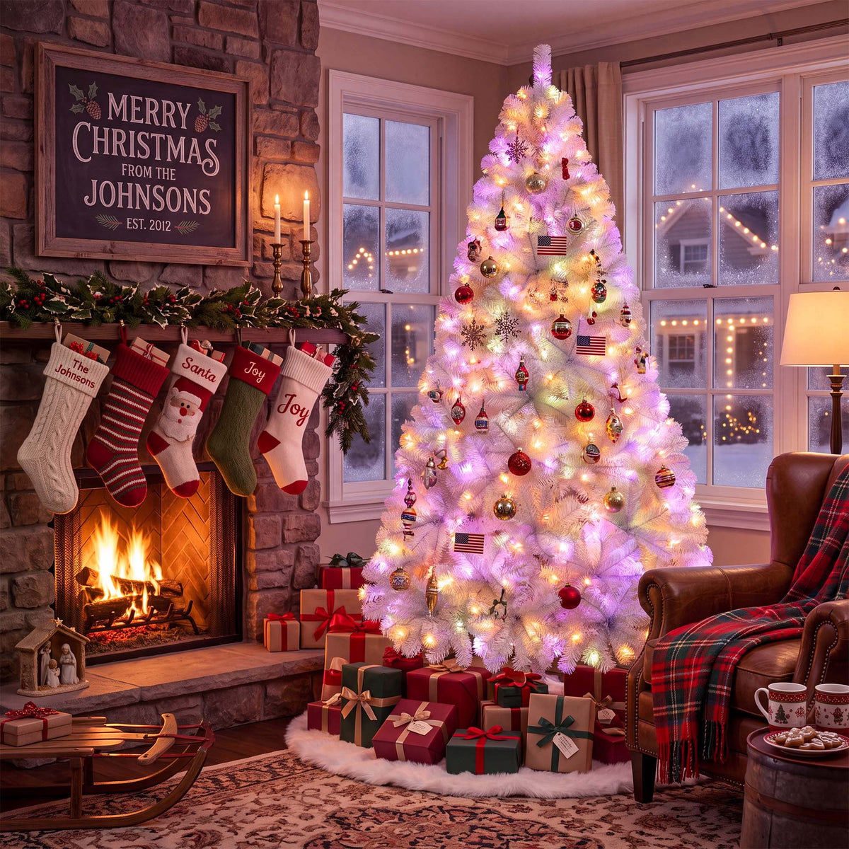 Yexmas Pre-Lit Artificial Christmas Tree,6ft White Christmas Tree with 300 Warm White & Multicolor Lights,Xmas Tree for Home, Holiday Party Decorations