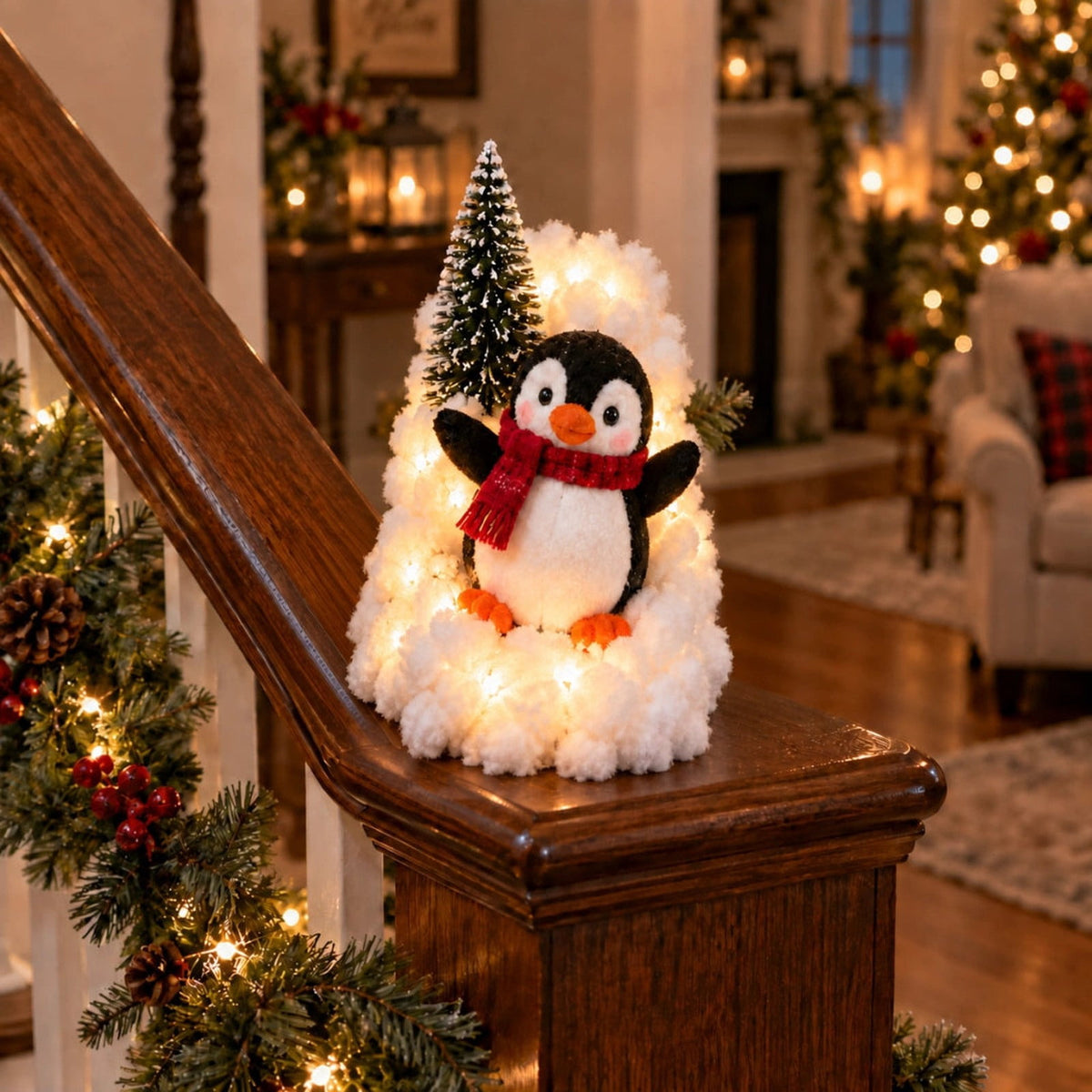 5Pack Penguin Christmas Stair Snow Decor Set,Festive Railing Accent with Playful Winter Scene,