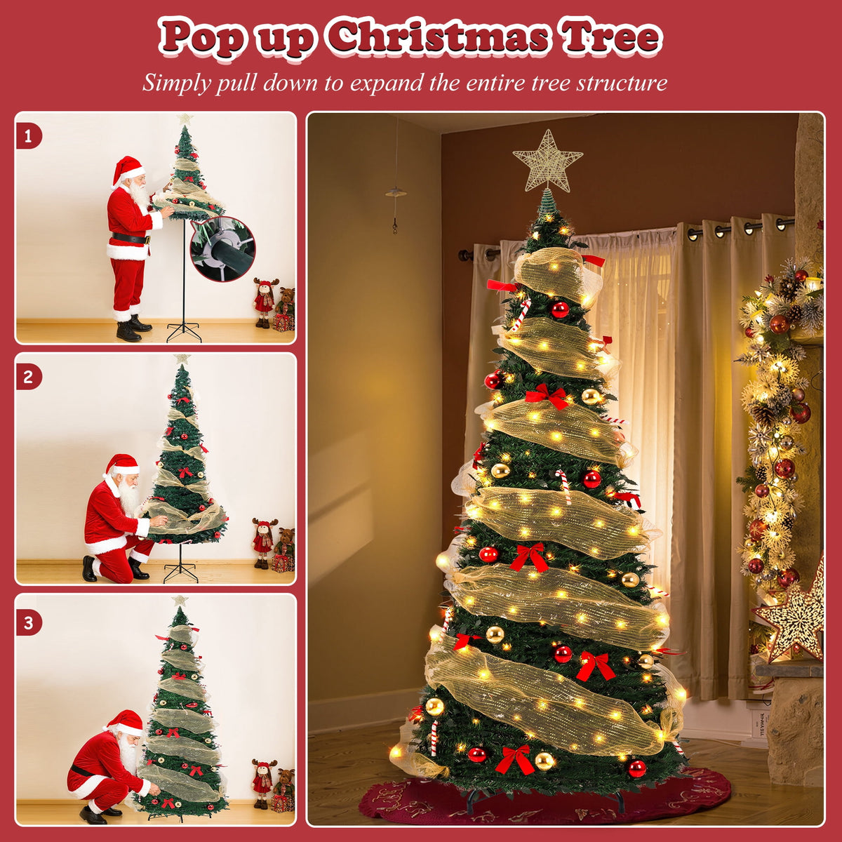 Yexmas 7.5FT Pop-Up Artificial Christmas Tree with 300LED Lights,Green Prelit Christmas Tree with Foldable Base