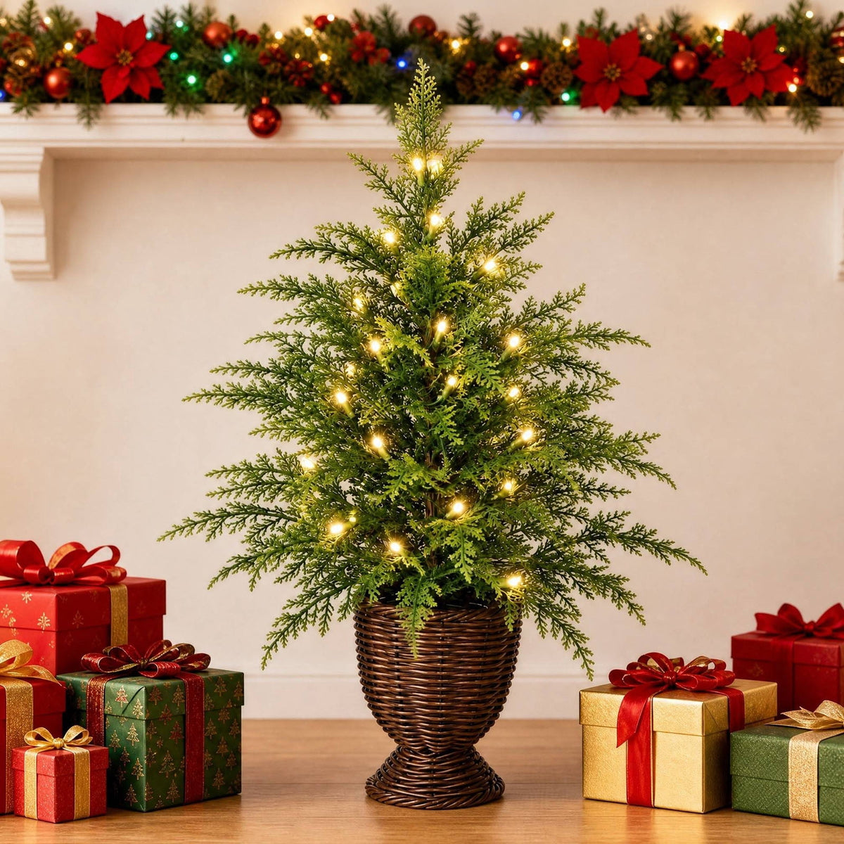 2.95 FT Premium Artificial Christmas Trees, Arbol de Navidad con luces Integradas, Artificial Christmas Tree Dense Needles, Pre-lit Christmas Trees with Lights for Holiday, Party(B)