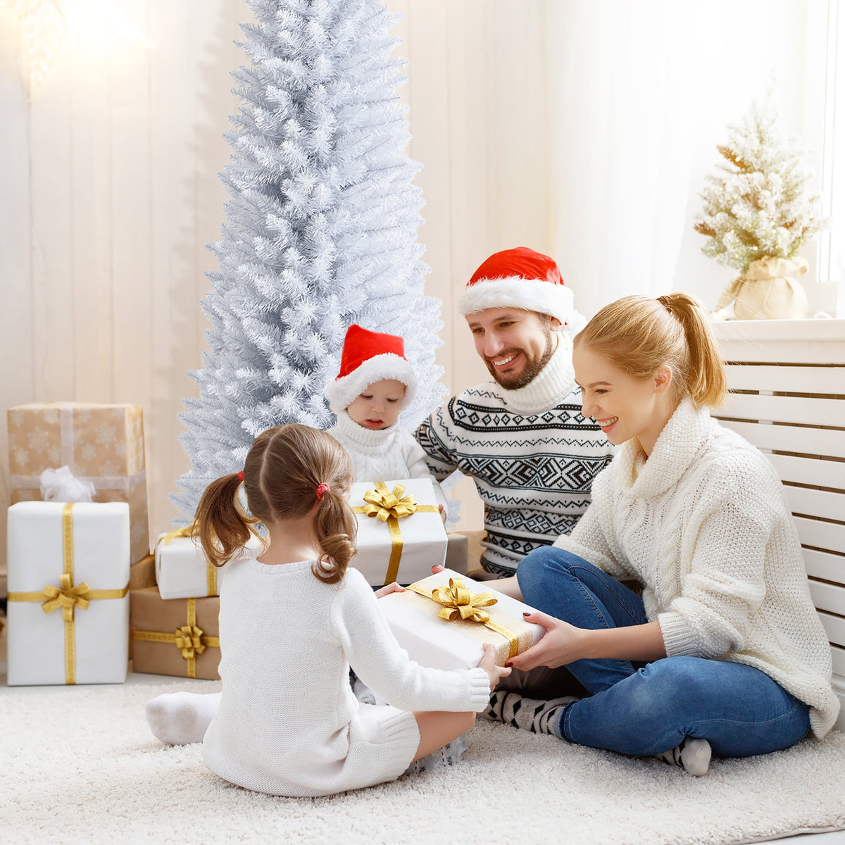 Costway 6ft Unlit Artificial Slim Pencil Christmas Tree with Metal Stand White
