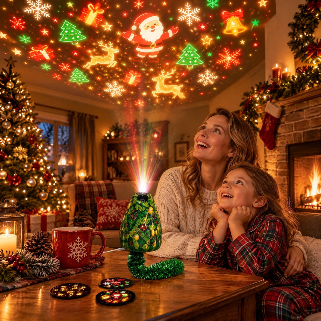 Magical Christmas Projection Night Light, USB Powered Holiday Projector with Festive Wall and Ceiling Effects for Bedroom, Living Room and Christmas Party Ambiance