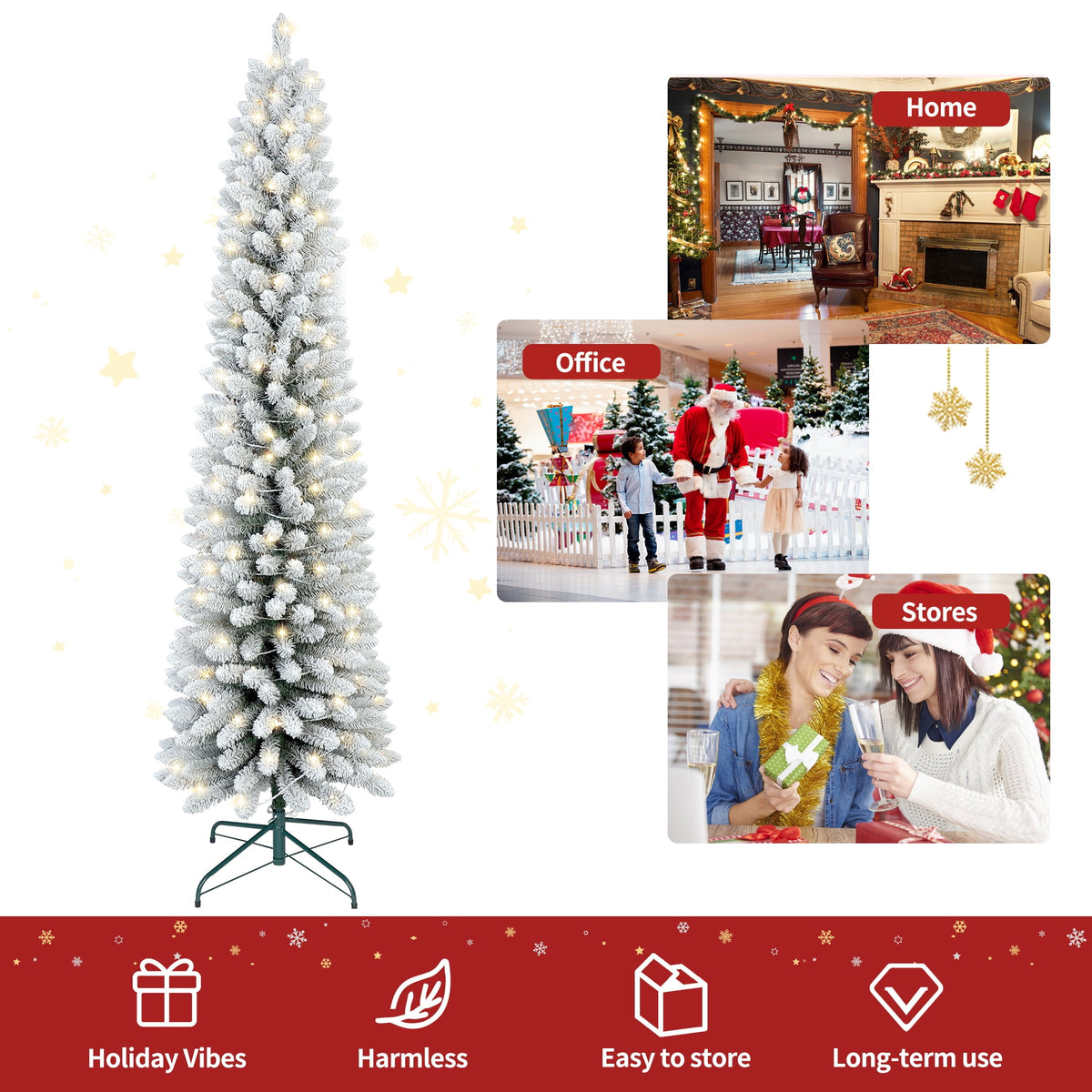 Makeatree 6 ft Pre-Lit Pencil Christmas Tree, Green Slim Skinny Spruce Xmas tree Holiday Decoration with 150 LED Lights, Metal Hinges & Foldable Base