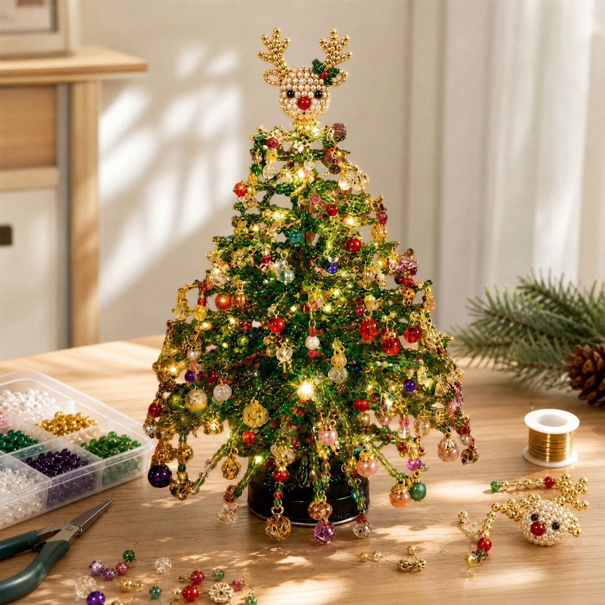 DIY Beaded Christmas Tree Kit - Handmade Mini Tabletop Xmas Tree with Santa Topper, Built-In Warm Lights, Holiday Decor Craft Gift for Adults