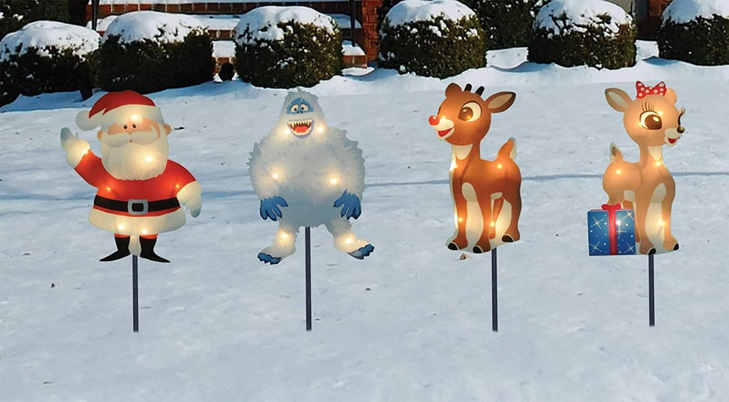 ProductWorks Rudolph the Red Nosed Reindeer Christmas 4-Pack Prelit Pathway Markers, 8 Inches