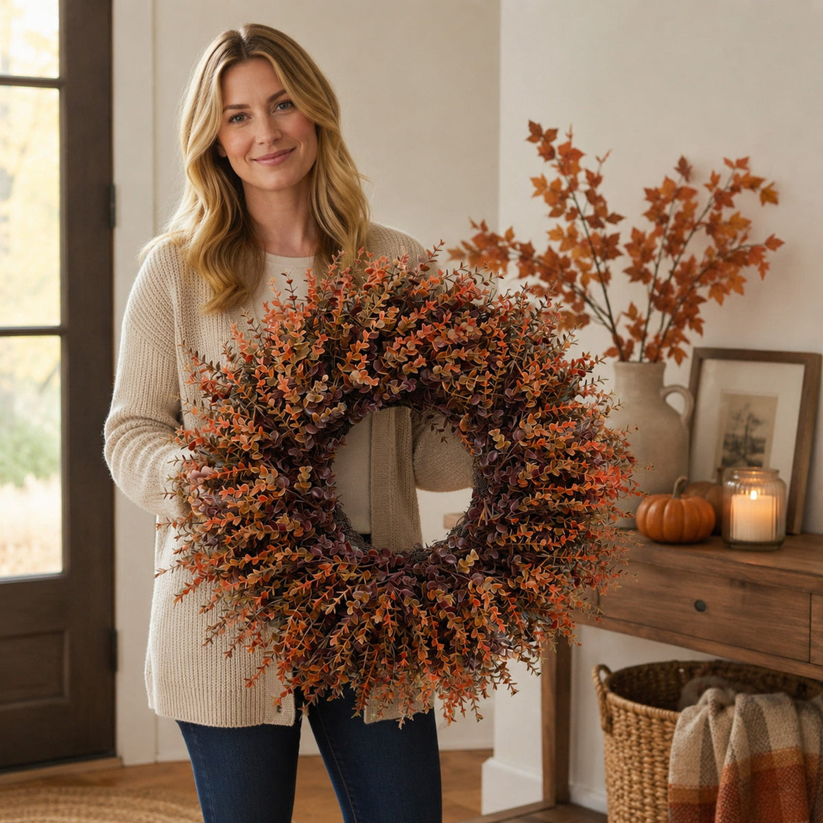 Wreath 28 Inch Artificial Faux Leaf Thanksgiving Wreath for Front Door Home Seasonal Decor