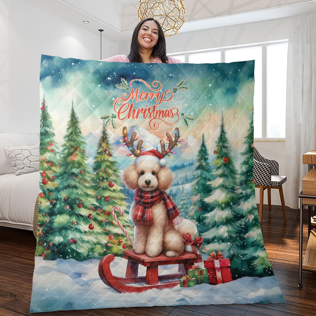 Merry Christmas Santa Reindeer Antlers French Bulldog Sleigh Xmas Winter Holiday Quilt Bedding Set Dog Lover Gifts 1 Blanket Bed Cover 2 Pillowcases - 00023