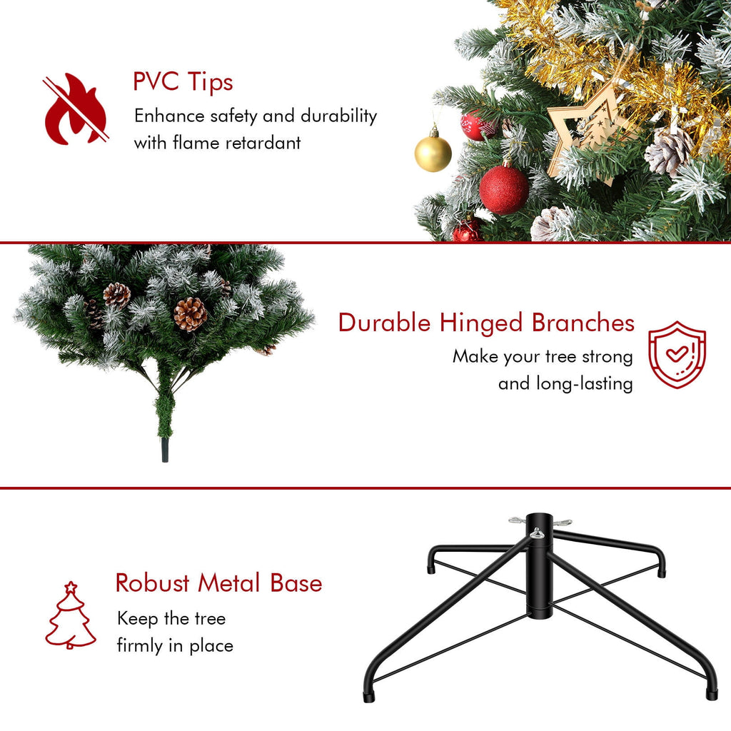 Funcid 6ft Artificial Christmas Tree with 8 Adjustable Light Flash Rate Modes, Decorated Xmas Tree with Pine Cones, Hinged Partially Flocked Christmas Tree with Foldable Metal Base
