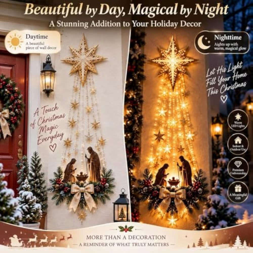 Lighted Nativity Bethlehem Star Wall Decor with Warm LED Lights, Gold, 1 Piece