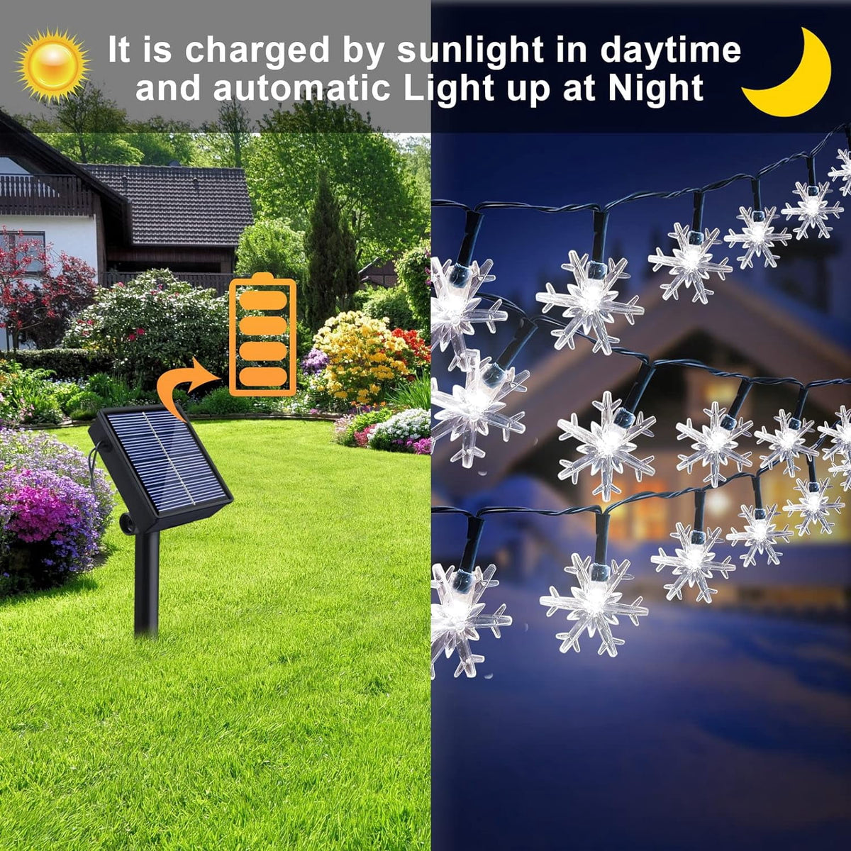 Fohil Solar Christmas Snowflake String Lights Outdoor Waterproof 100 LED Multicolor 8 Mode 39 ft for Christmas Tree Garden Fence Yard Decoration