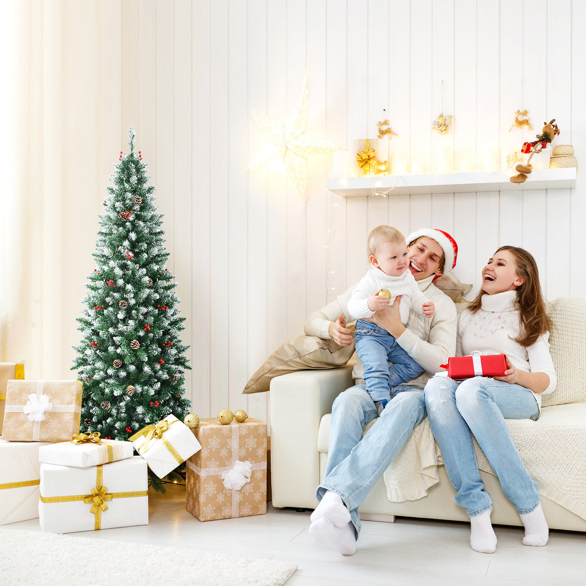 Topbuy 7ft Pre-lit Artificial Christmas Tree Slim Artificial Xmas Tree w/ 350 Replaceable LED Lights & 818 Branch Tips