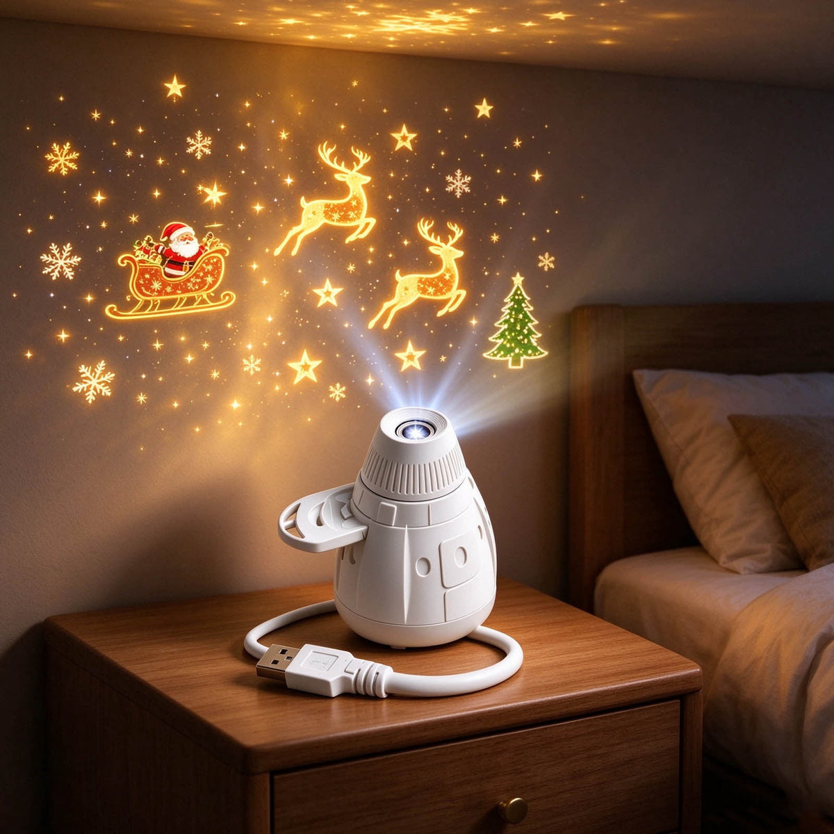 Magical Christmas Projection Night Light, USB Powered Holiday Projector with Festive Wall and Ceiling Effects for Bedroom, Living Room and Christmas Party Ambiance