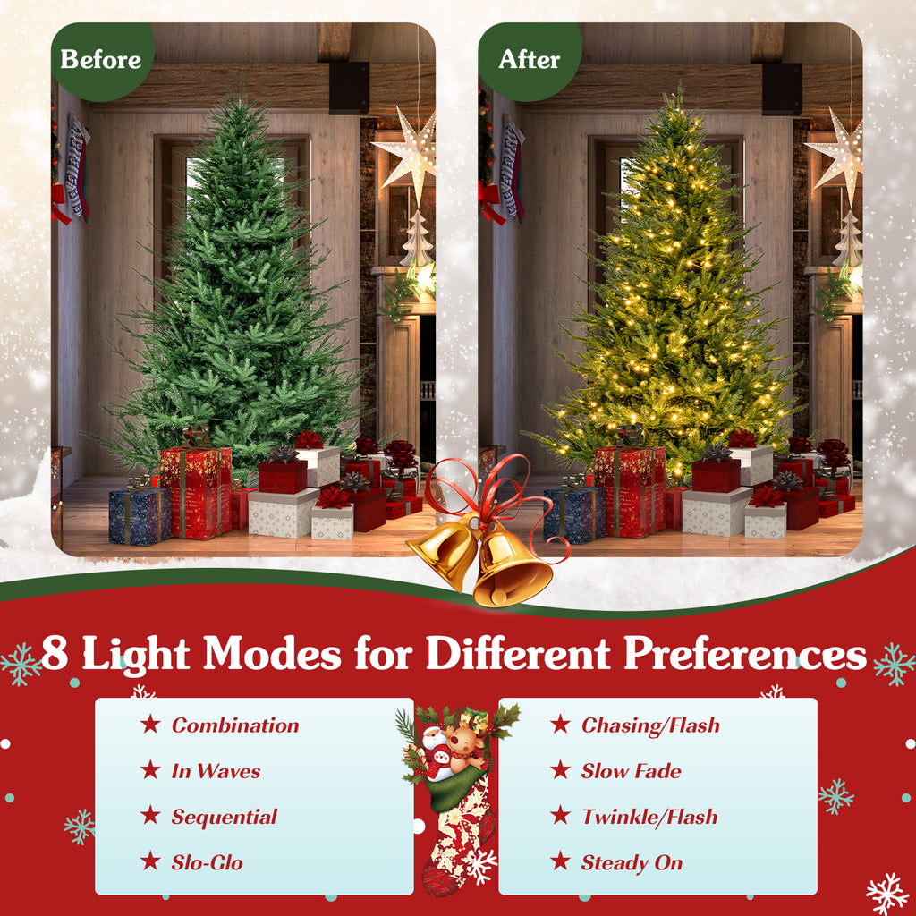 Topbuy 6FT Artificial Christmas Tree Pre-lit Xmas Tree with 280 Warm White LED Lights 8 Lighting Modes 788 PE & PVC Branch Tips