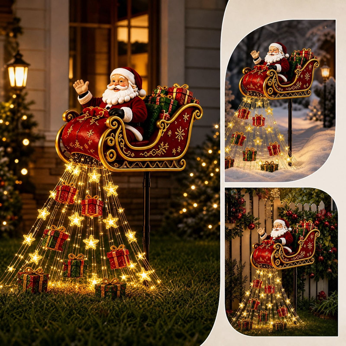 Luckky Santa’s Flying Sleigh Gift Cascade Solar Christmas Garden Light,Warm Golden Cascading LED Lights with Falling Gifts & Star,Solar Powered Outdoor Holiday Decor for Lawn,Pathway & Yard