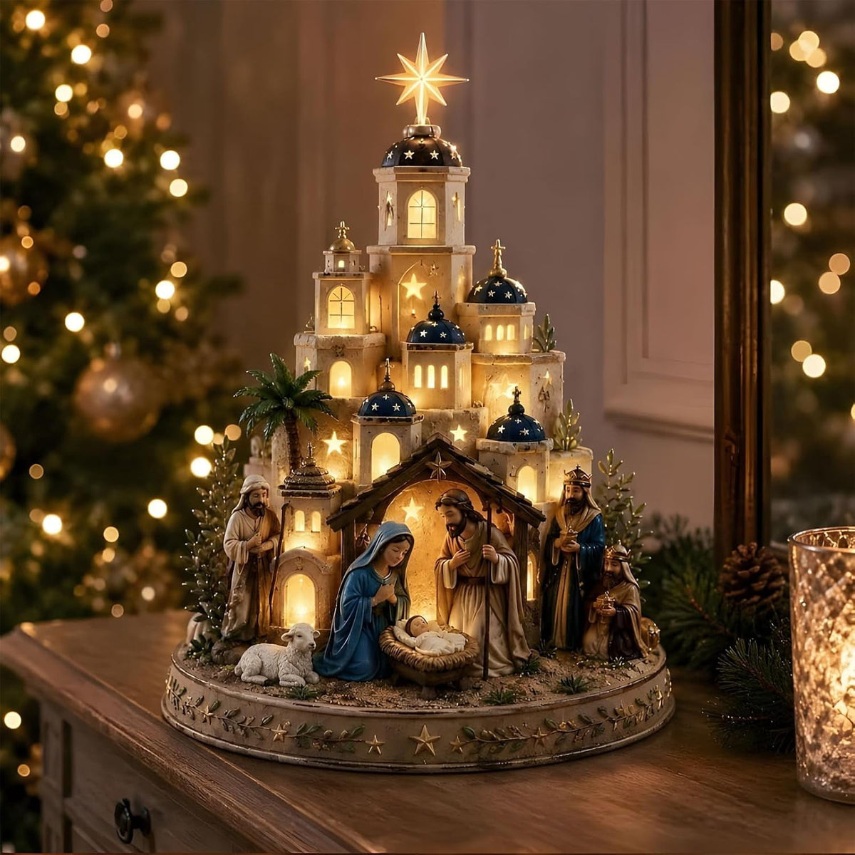 Nativity Set, Star of Bethlehem Lighted Nativity Scene with Church Tower, Manger Figures, Lighted Christmas Church Tabletop Decor