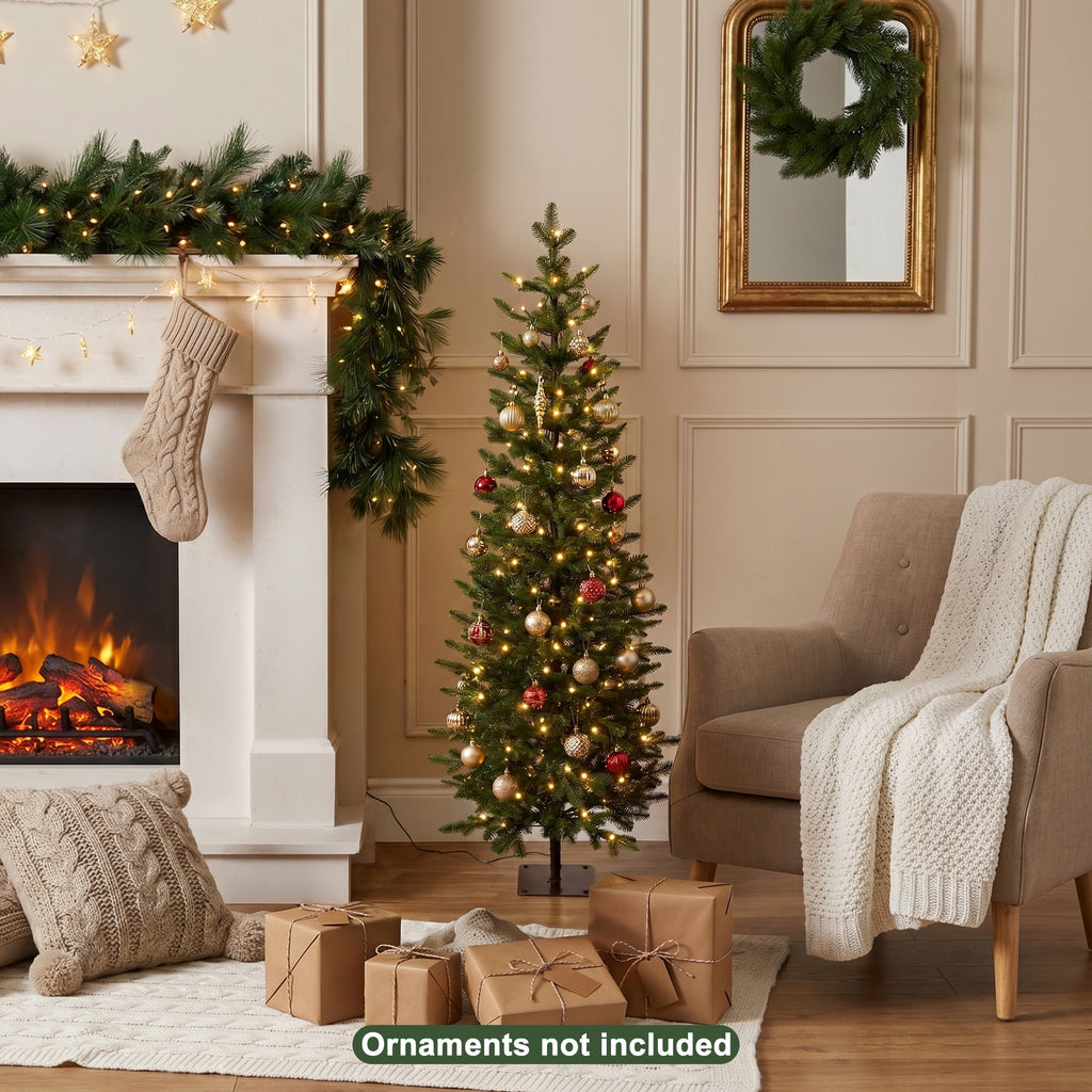 DR.Planzen 6ft Prelit Pencil Christmas Tree with 150 Warm White LED Lights, 1571 PE Branch Tips, Iron Base, Slim Artificial Christmas Tree for Apartment, Entryway, Corner, Office