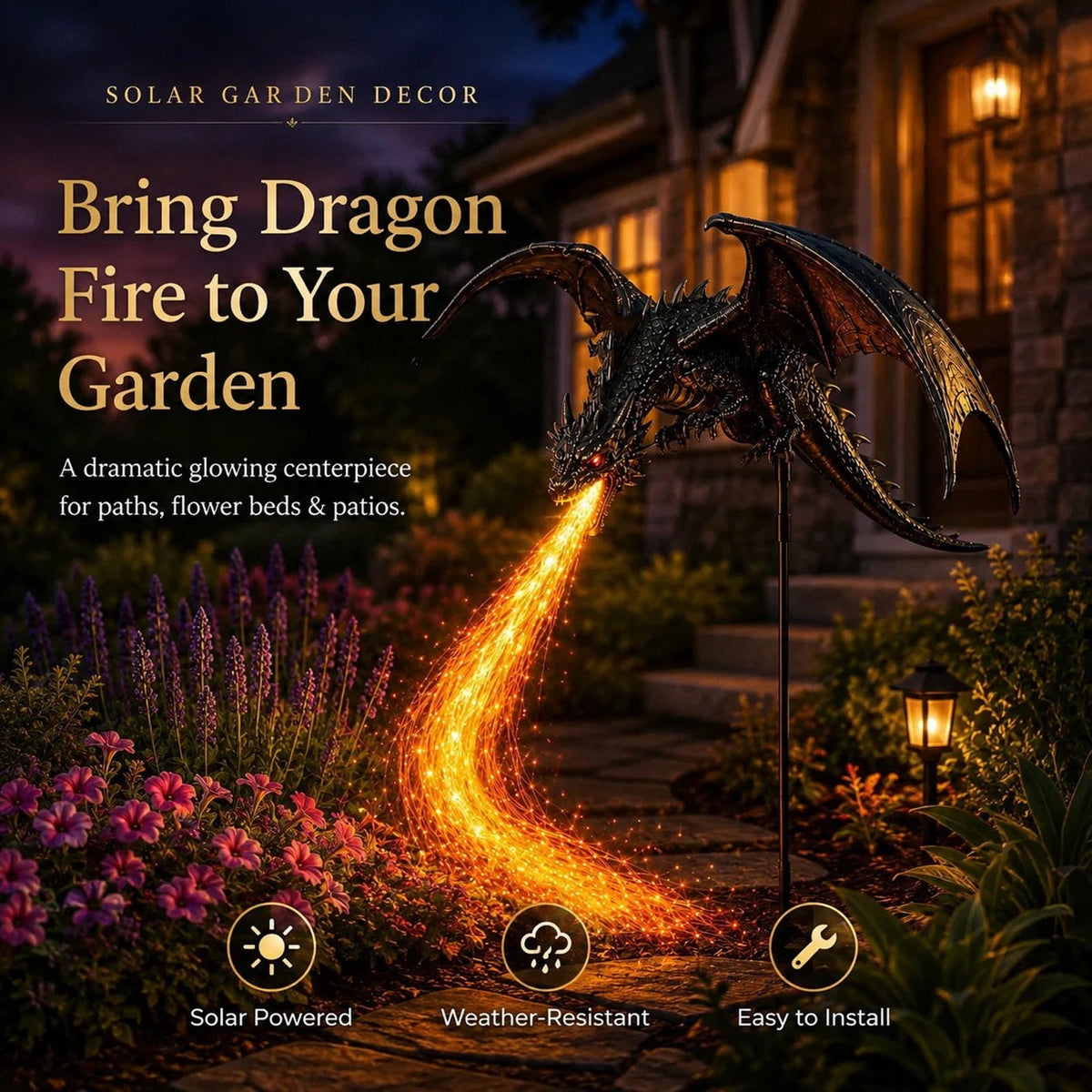 Solar Dragon Fire Garden Light,Gothic Solar‑Powered Dragon Figurine with Breathing Flame Fiber‑Optic Lights,Waterproof Outdoor Yard Decor for Lawn,Pathway,Flower Bed,Patio