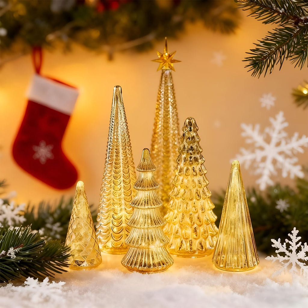 BESTSKY 2026 New Mercury Glass Christmas Tree with Led Lights,5Pcs Illuminated Mercury Glass Trees,Battery Operated,Mercury Glass Christmas Tree Set for Xmas Home Party Centerpiece Mantel Gift 5 Pcs