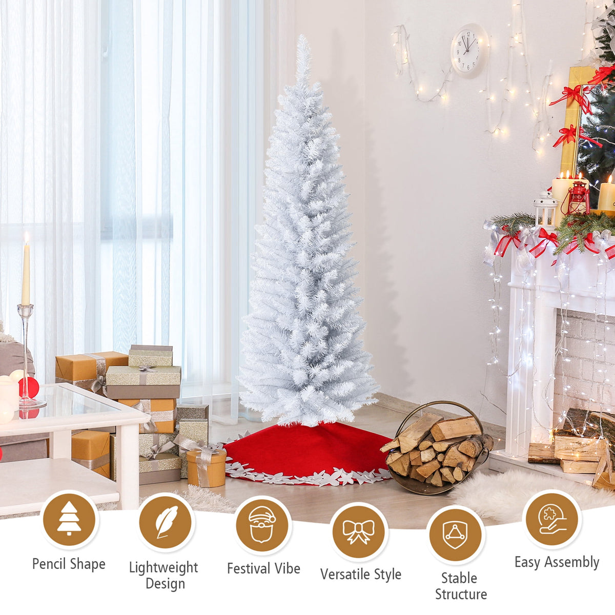 Gymax 5 FT Artificial Pencil White Christmas Tree Leafy Unlit Slim Xmas Tree