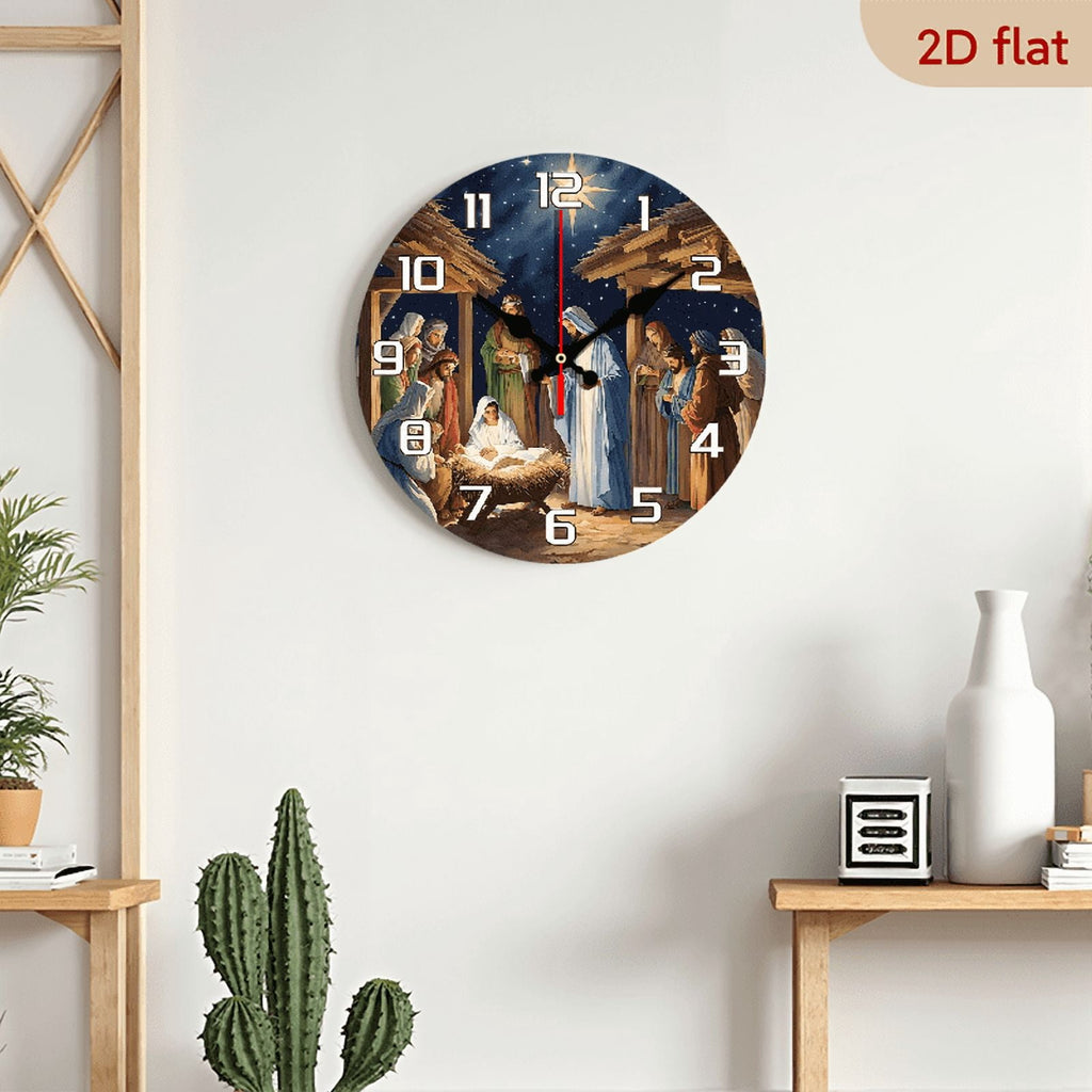 2D Flat 1pc 10Inch Wooden Wall Clock with Religious Nativity Scene Design Silent, Battery Operated (AA Not Included) Ideal for Home, Church, Office Decor Handcrafted Artistic Birthday Gift