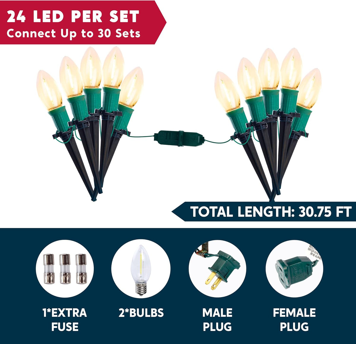 Joyfy Christmas Pathway Lights Outdoor,30.75 FT 24 Walkway Lights with Marker Stakes,Outdoor Christmas Lights for House Warm White Christmas Decorations