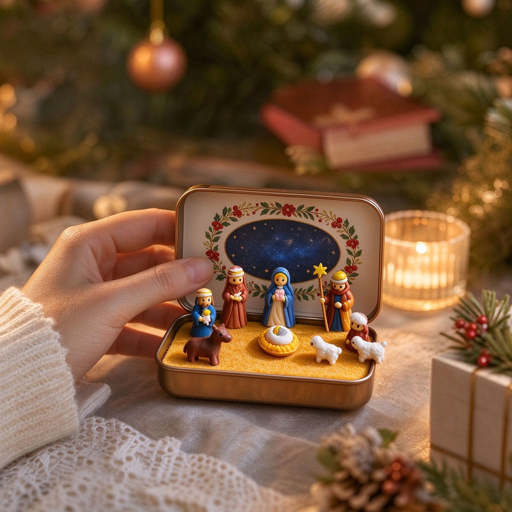 Daghihgewr Mini Christmas Nativity Set Tabletop Tin Box Multicolor Indoor Religious Ornament 1-Count 3.9 x 2.8 x 1.2 Inch
